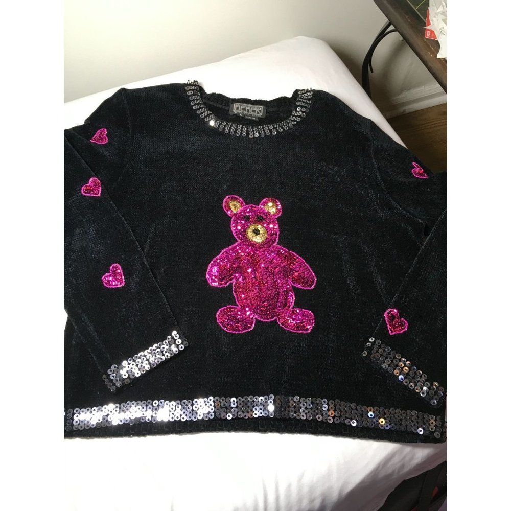Vintage Berek Pink Sequin Teddy Bear/Heart Sweater (Valentines Day) size Medium